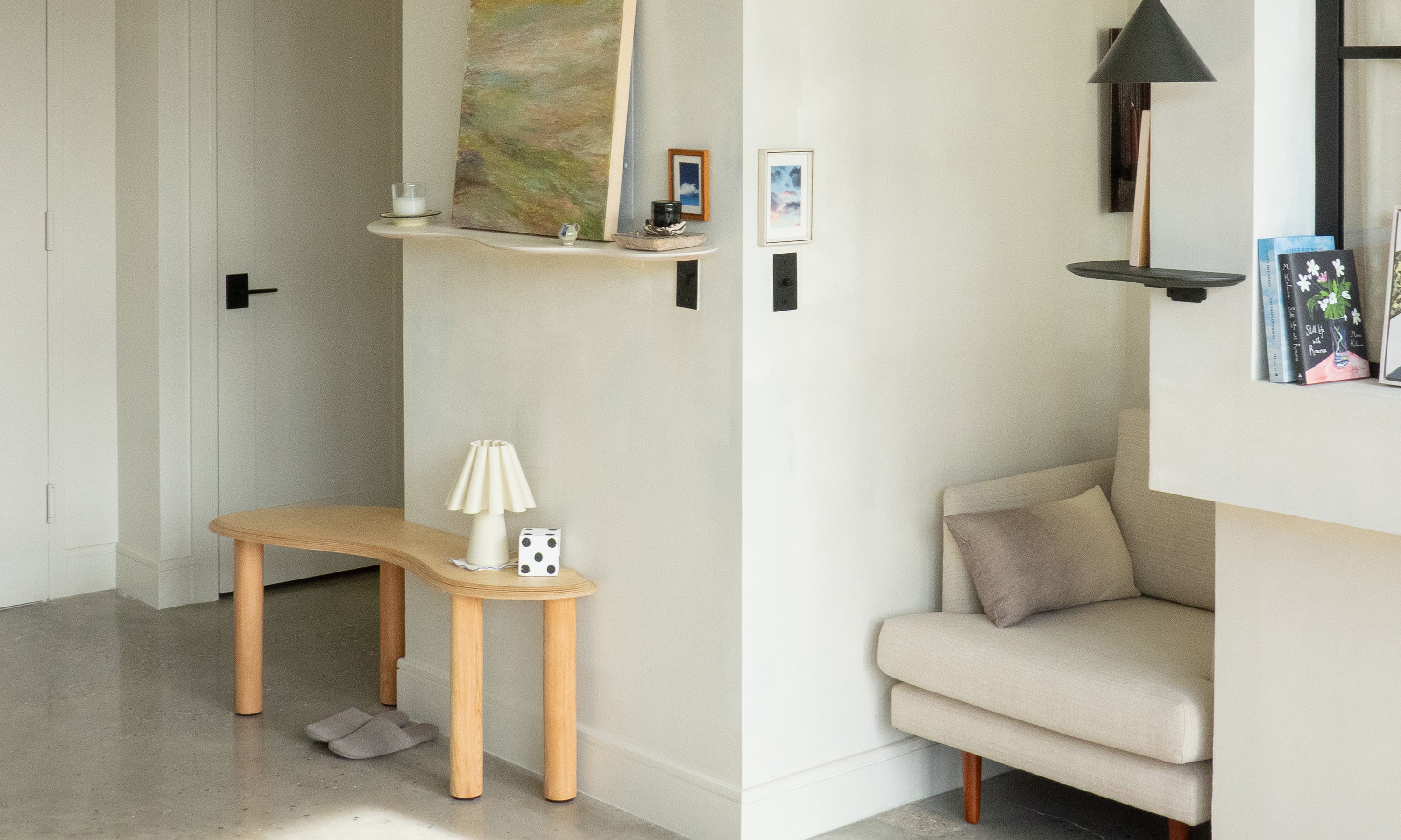 corner bench + shelves
